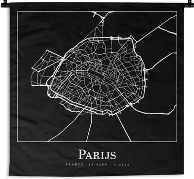 Wandkleed - Wanddoek - Parijs - Plattegrond - Kaart - Stadskaart - 180x180 cm - Wandtapijt