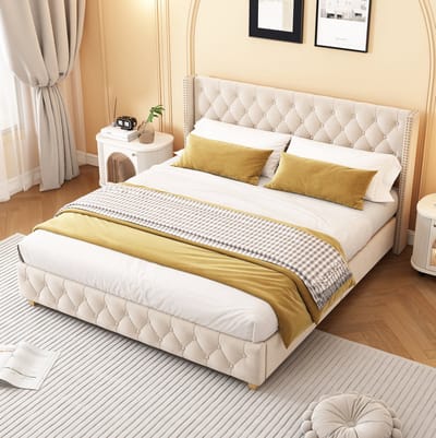MEUNIQ gestoffeerd tweepersoons bed 180x200 cm met lattenbodem, hoog hoofdbord met knoopstiksels en siernagels, houten poten, slaapkamer, beige