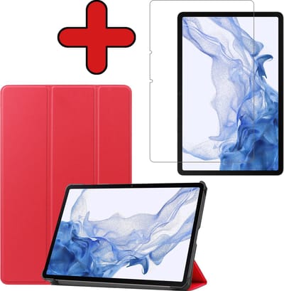 Hoesje - Geschikt voor Samsung Galaxy Tab S8 - Met Screenprotector - Hardcover Book Case - Trifold Bookcase Hoes - Hard Cover - Tablethoes - Rood