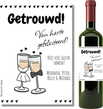 Gepersonaliseerd wijnetiket huwelijk – Getrouwd van harte gefeliciteerd – met naam en boodschap