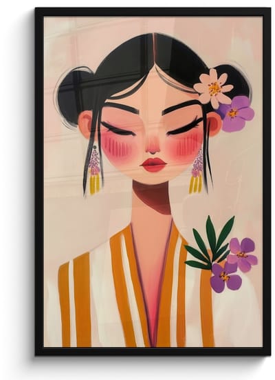 Poster in lijst - Fotolijst 60x90 cm - Posters - Vrouw - Bloemen - Pastel - Posterlijst zwart - Decoratie - Wanddecoratie woonkamer - Muurdecoratie slaapkamer