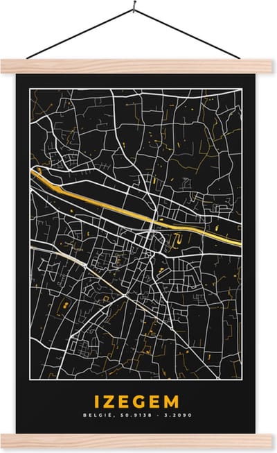 Posterhanger incl. Poster 40x60 cm - Schoolplaat - Plattegrond - Stadskaart - Izegem - Goud - Kaart - Textielposter - Blanke latten - Stadskaart