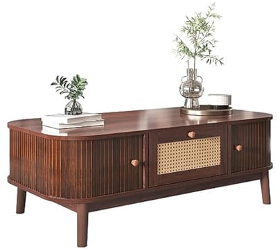 Salontafel - Koffietafel met opbergruimte - Woonkamer inrichten - Handgemaakte rotan deuren - 110 cm breed - Houtkleur en lichtgeel