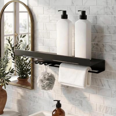 Badkamer wandrek 40 cm zwart met 4 haken en handdoekhouder, multifunctionele doucheplank voor badkamer, keuken en woonkamer, ideaal voor opslag en organisatie