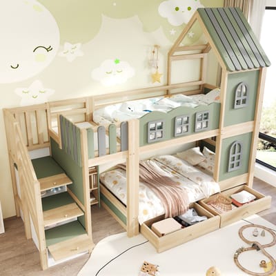 HAUSS SPOLE Stapelbed 90x200 cm - Kinderbed Met Huisdak En Opbergladder - Zonder Matras - Met Laden En Planken - Hout - Groen Grijs
