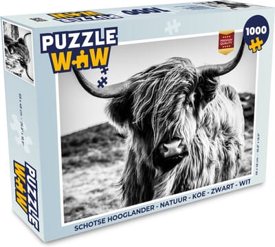 Puzzel Schotse hooglander - Natuur - Koe - Zwart - Wit - Legpuzzel - Puzzel 1000 stukjes volwassenen