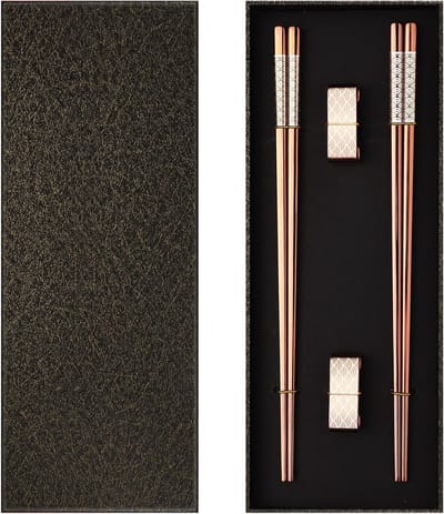 Metalen eetstokjes herbruikbaar 2 paar titanium roestvrijstalen eetstokjes met houder, vaatwasmachinebestendig, lichte eetstokjes in Japanse stijl, cadeauset (roségoud)