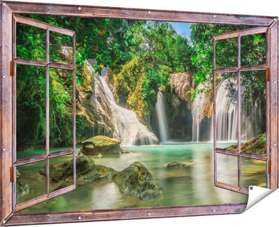 Gards Tuinposter Doorkijk Tropische Waterval - 180x120 cm - Tuindoek - Tuindecoratie - Wanddecoratie buiten - Tuinschilderij
