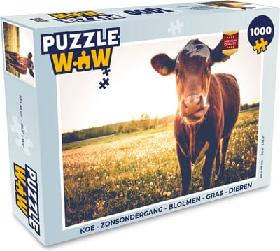 Puzzel Koe - Zonsondergang - Bloemen - Gras - Dieren - Legpuzzel - Puzzel 1000 stukjes volwassenen