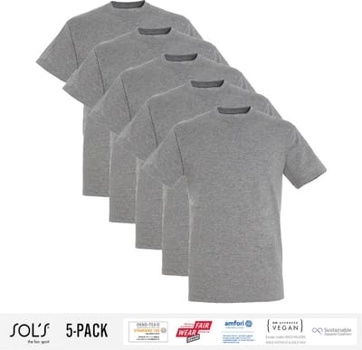 5 Pack Sol's Heren T-Shirt 100% biologisch katoen Ronde hals Heather Grijs Maat S