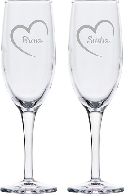 Gegraveerde Champagneglas 16,5cl Broer mei hert & Suster mei hert