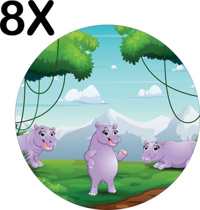 Luxe Ronde Placemat - Vrolijke Nijlpaarden in het Bos - Getekend - Set van 8 Placemats - 40x40 cm - 2 mm dik Vinyl - Anti Slip - Afneembaar