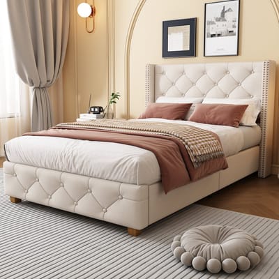 BLACKCOLORS Gestoffeerd bed 90*200 cm met lattenbodem en hoofdeinde, knoopbekleding, klinknagelbekleding, houten poten, linnen, beige (OLD SKU:3099934AAA)