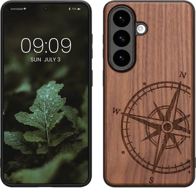 kwmobile telefoonhoesje geschikt voorSamsung Galaxy S26 - Hoesje met bumper - hout - In donkerbruin Vintage Kompas design