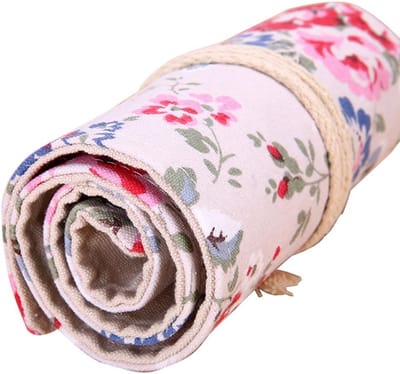 Grote Potlood Etui met 72 Vakjes - Beige en Klein, Mooi Bloemenpatroon