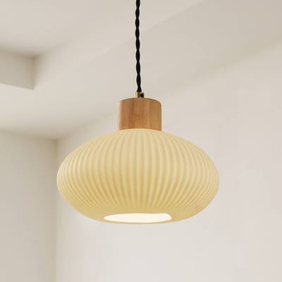 Lindby - hanglamp - 1licht - Keramiek, hout, ijzer - H: 12.3 cm - E27 - wit