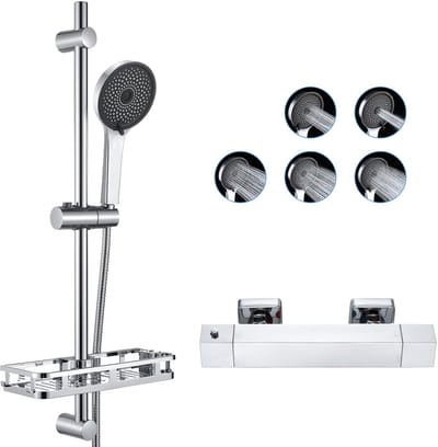 Auralum Max Doucheset - Thermostatische Douchekraan - Veiligheidsfuncties - 70 cm Glijstang - Met Zeepschaal - 5 Standen Handdouche - Anti-Kalk Douchekop - Waterbesparend - Chroom