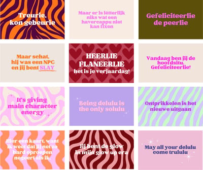 Gen Z Wenskaarten Set - 12 kaarten - Unieke Wenskaarten - 12 Kaarten voor Verjaardag, Bedankjes & Meer - Humor - Ansichtkaarten