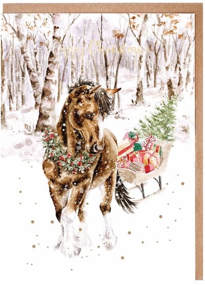 Wrendale Kerstkaarten Notepack - 8 stuks - 'Snowy Sleigh Ride' horse Christmas Card Pack