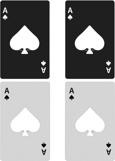 Flesopeners - bier/blikopener set met poker schoppen aas ontwerp, portemonnee stijl en waterbestendig gereedschap in zilver en zwart (zwart2 + wit2)