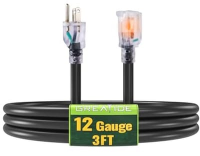 Verlichte Buitenaardse Verlengkabel 3 ft - Zware Kwaliteit 12/3 SJTW Zwarte Verlengkabel met 3-Pins Aardingsstekker - 15 Amp Vermogen voor Tuin, Apparaten