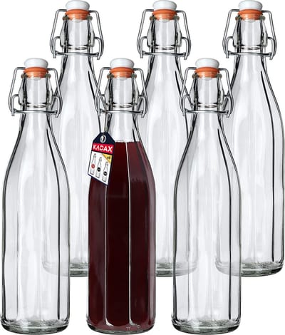 KADAX Universele fles met beugelsluiting, dichte beugelfles, vintage glazen fles, drinkfles, likeurfles, sapfles, beugelsluitfles (1000 ml, 6 stuks)