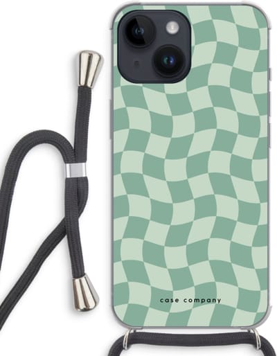 Case Company® - Hoesje met koord geschikt voor iPhone 14 hoesje met Koord - Grid Groen - Telefoonhoesje met Zwart Koord - Bescherming aan alle Kanten en Over de Schermrand