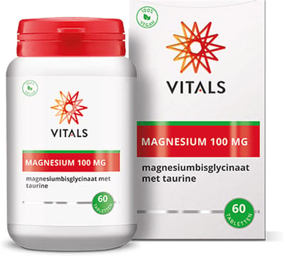 Vitals Magnesium bisglycinaat met taurine 100 mg - 60 tabletten - mineralen. Hoogwaardig aminozuurchelaat (magnesiumbisglycinaat).