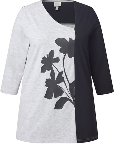 Ulla Popken - Dames - Shirt bloemen V-hals 3/4-mouwen biologisch katoen - Grijs melange - Maat 46+