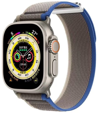 Stravo Trail Loop Nylon Sport bandje - Zachte nylon Smartwatchbandje met klittenbandje - Geschikt voor Apple Watch 42mm (Series 11/10), 41mm (Series 9/8/7), 40mm (Series 6/5/4, SE 3/2/1), 38mm (Series 3/2/1) - Grijs/Blauw