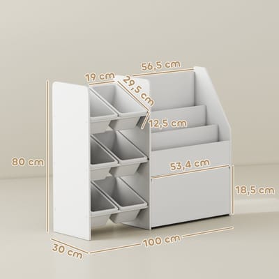 Speelgoedrek, kinderkamerrek met 6 opbergvakken, boekenrek, rolbox, 100 x 30 x 80 cm, MDF, staal, wit