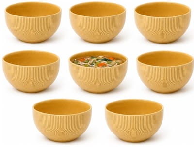 Secret de Gourmet Soepkommen Memphis - 8x - D14 cm - 600 ml - okergeel - keramiek - schaaltjes - kommetjes - stapelbaar