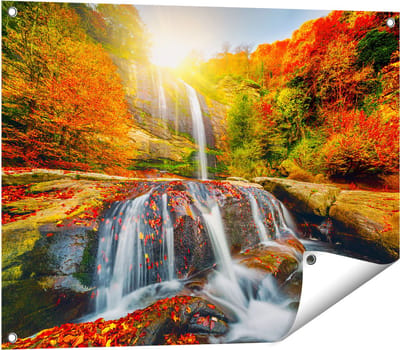 Gards Tuinposter Waterval in de Herfst Kleuren - 80x60 cm - Tuindoek - Tuindecoratie - Wanddecoratie buiten - Tuinschilderij