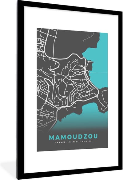 Fotolijst incl. Poster - Frankrijk - Stadskaart - Mamoudzou - Kaart - Plattegrond - 80x120 cm - Posterlijst