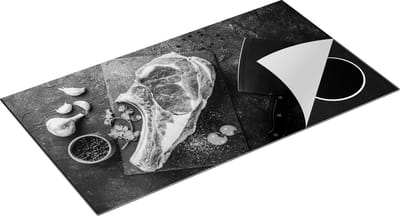 Chefcare Inductie Beschermer Vlees met een Mes op een Marmeren Plaat - Zwart Wit - 95x50 cm - Afdekplaat Inductie - Kookplaat Beschermer - Inductie Mat