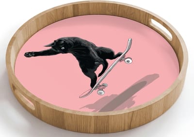 Dienblad rond 40x40 cm - Schootdienblad hout - Kat - Skateboard - Roze - Borrelplank rechthoek - Plateau houten dienbladen