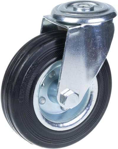 Draaibare wiel van 125 mm met zwart rubber op een hartwiel van geperst staal