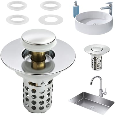 Wastafelstop, 3-in-1, 28-58 mm, roestvrij staal, messing, chroom | 3-in-1, 28-58 mm, roestvrijstalen filtermand, messing kern, pop-up roestvrij, voor wastafel, bad en keuken