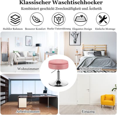 COSTWAY Make-upkruk, 360 graden draaibaar, make-uptafel, kruk met opbergruimte, zithoogte 51-66 cm, zitkruk, bureaukruk gevoerd, barkruk rond, modern