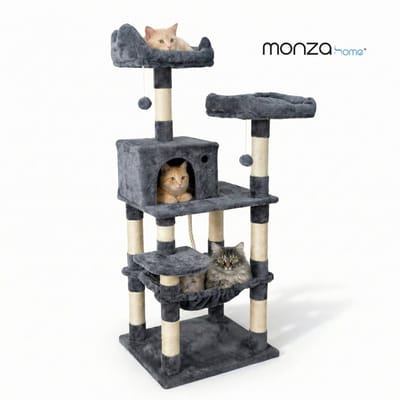 Krabpaal voor Katten 143 cm – Kattenboom met Kattenhuis, Hangmat & 2 Ligbedden 39 x 39 cm – 11 Sisalpalen – Muurbevestiging – Voor Meerdere Katten – Donkergrijs – Monza Home