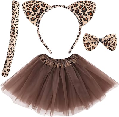 Leopard kostuum voor meisjes - 4-delige set met oren, haarband, bruine tule rok, strik en staart - carnaval kostuum, dierenoutfit, feestelijke accessoires voor kinderen