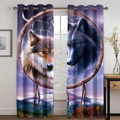 3d Persoonlijkheid Totem Nachtdier Hongerige Wolf Gordijnen Woonkamer Thuis Slaapkamer Gordijn Schaduw Ringhaak Decoratief 2 stuks W50xH130(CM)x2PCS-Grommet Top