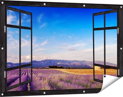Gards Tuinposter Doorkijk Raam met Lavendel Veld - 120x80 cm - Tuindoek - Tuindecoratie - Wanddecoratie buiten - Tuinschilderij