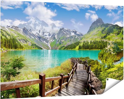 Gards Tuinposter Pad naar een Helder Blauw Meer in de Bergen - 150x100 cm - Tuindoek - Tuindecoratie - Wanddecoratie buiten - Tuinschilderij