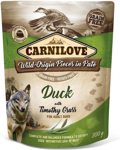Carnilove Dog Pouch Eend - Hypoallergene Paté 12x300gr - Graanvrij, met Timothy Gras