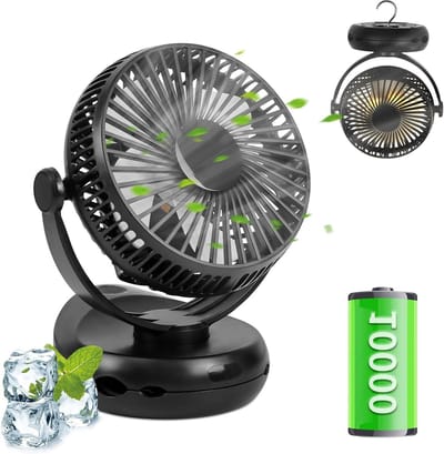 Desk Fan 10.000 mAh Batterij 4-speed - 360° Rotatie - Gordijn Clip - USB - LED-licht - Zwart
