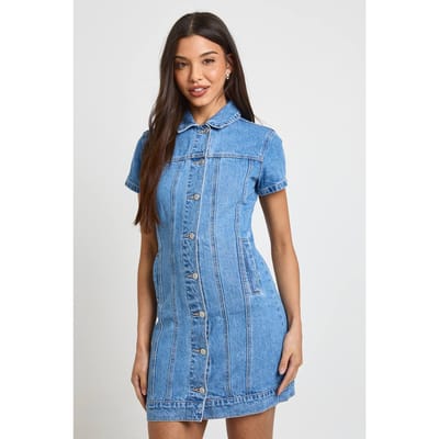 boohoo Dames Western Denim Korte Mouwen Mini Jurk | Medium Blauw | Maat: 34