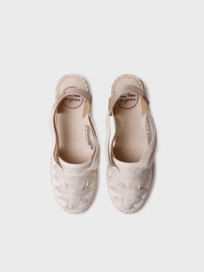 Dames espadrille van ruw katoen met sleehak en linten | TRACY-CZ