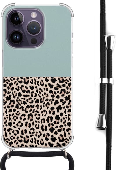 Hoesje met koord - Geschikt voor iPhone 14 Pro Max - Luipaard mint - Verstelbaar zwart koord - Transparant, Groen - Luipaardprint - Leuke Telefoonhoesjes