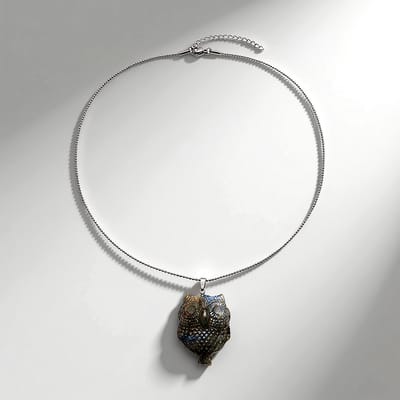 Cavill - Halsketting Edelstaal met 57 ct Labradoriet uit Madagaskar - Uil Hanger Fancy Slijpsel - Verstelbaar Elegant Mystiek Sieraad Dames
